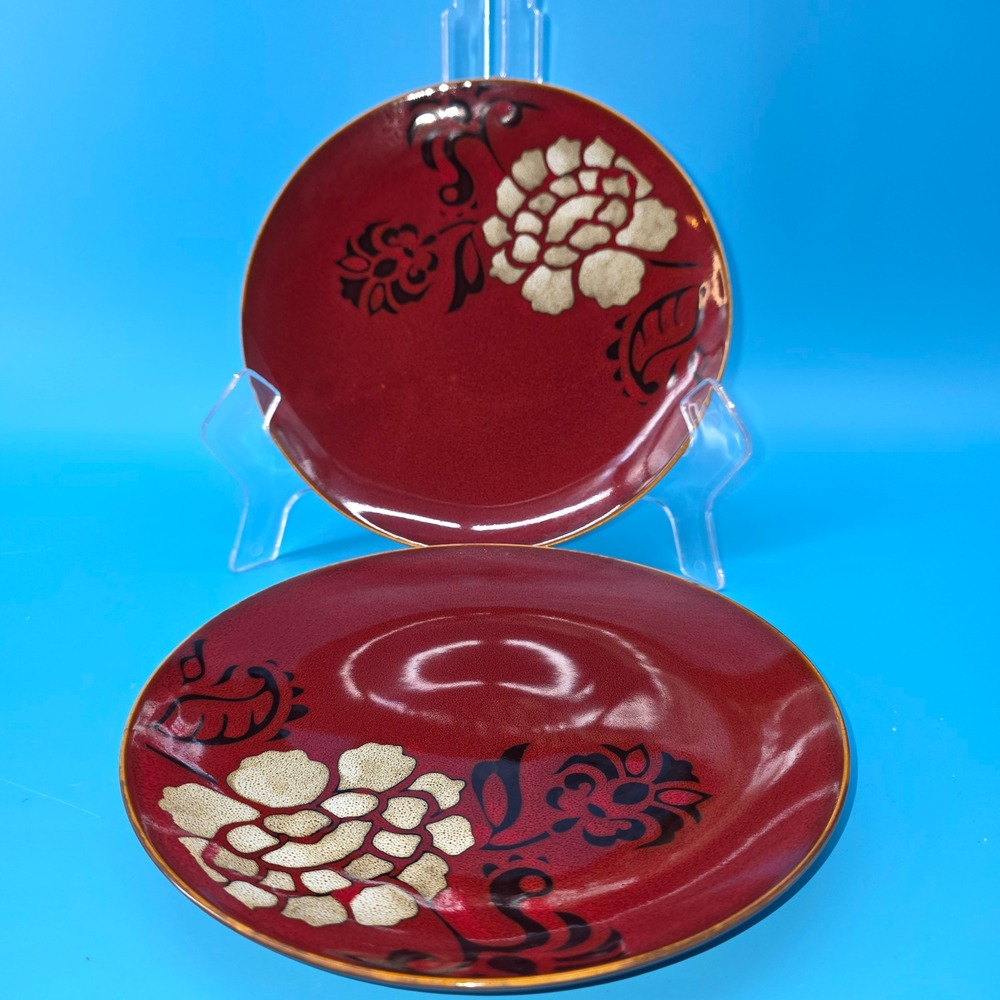 Mystic Passage Home Collection Red Floral Peony Plates Set of 2 Asian Style